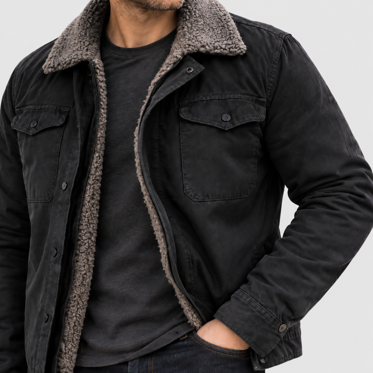 Lance - Men's Genuine Leather Sherpa-Lined Jacket with Snap Front