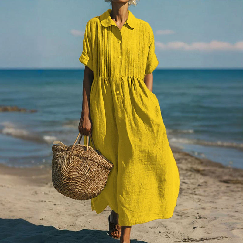 Laura - Women's Button-Placket Pleated Front Maxi Dress