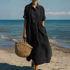 Laura - Women's Button-Placket Pleated Front Maxi Dress