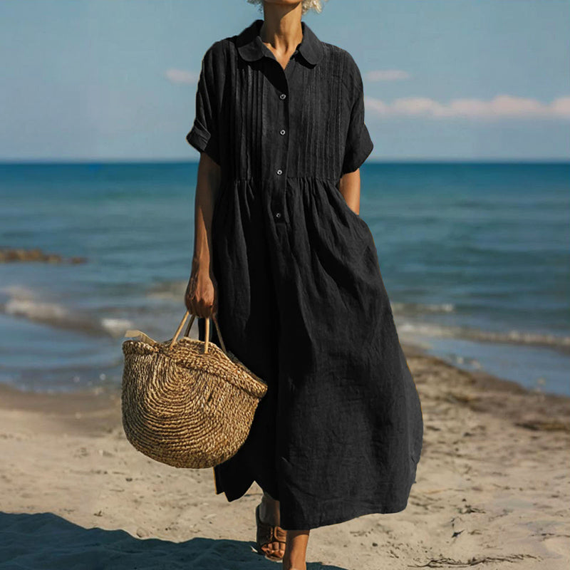 Laura - Women's Button-Placket Pleated Front Maxi Dress