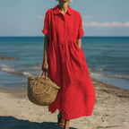 Laura - Women's Button-Placket Pleated Front Maxi Dress