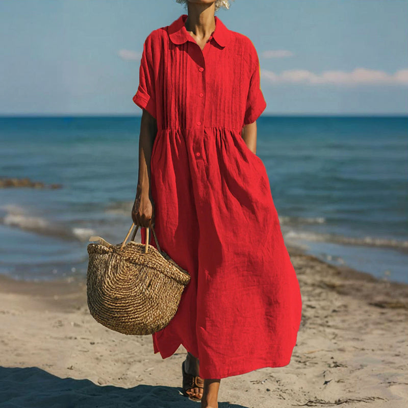 Laura - Women's Button-Placket Pleated Front Maxi Dress