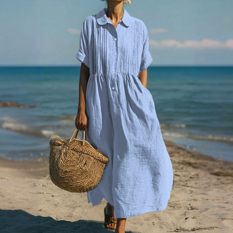 Laura - Women's Button-Placket Pleated Front Maxi Dress