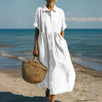 Laura - Women's Button-Placket Pleated Front Maxi Dress