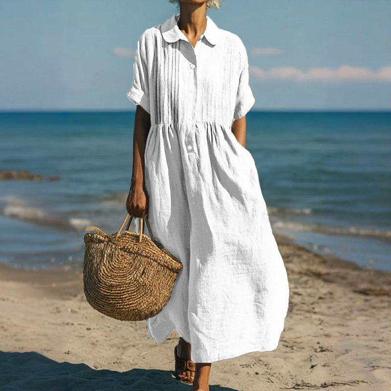 Laura - Women's Button-Placket Pleated Front Maxi Dress