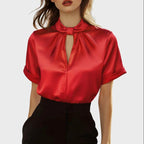 Lia - Women's Satin Keyhole Short Sleeve Blouse