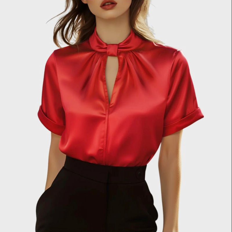 Lia - Women's Satin Keyhole Short Sleeve Blouse