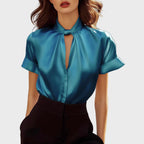 Lia - Women's Satin Keyhole Short Sleeve Blouse
