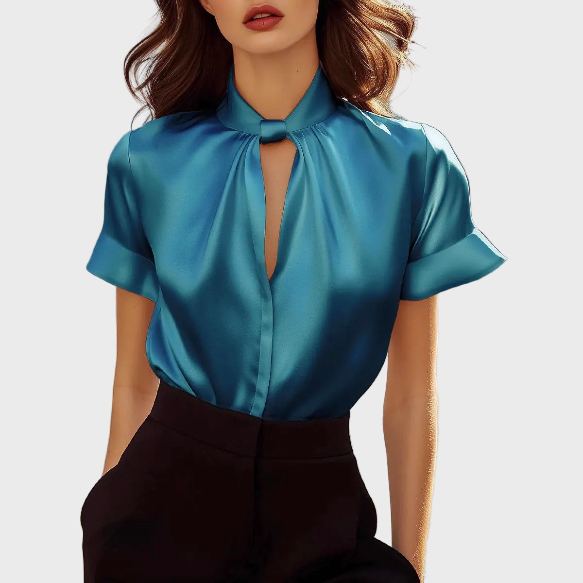Lia - Women's Satin Keyhole Short Sleeve Blouse