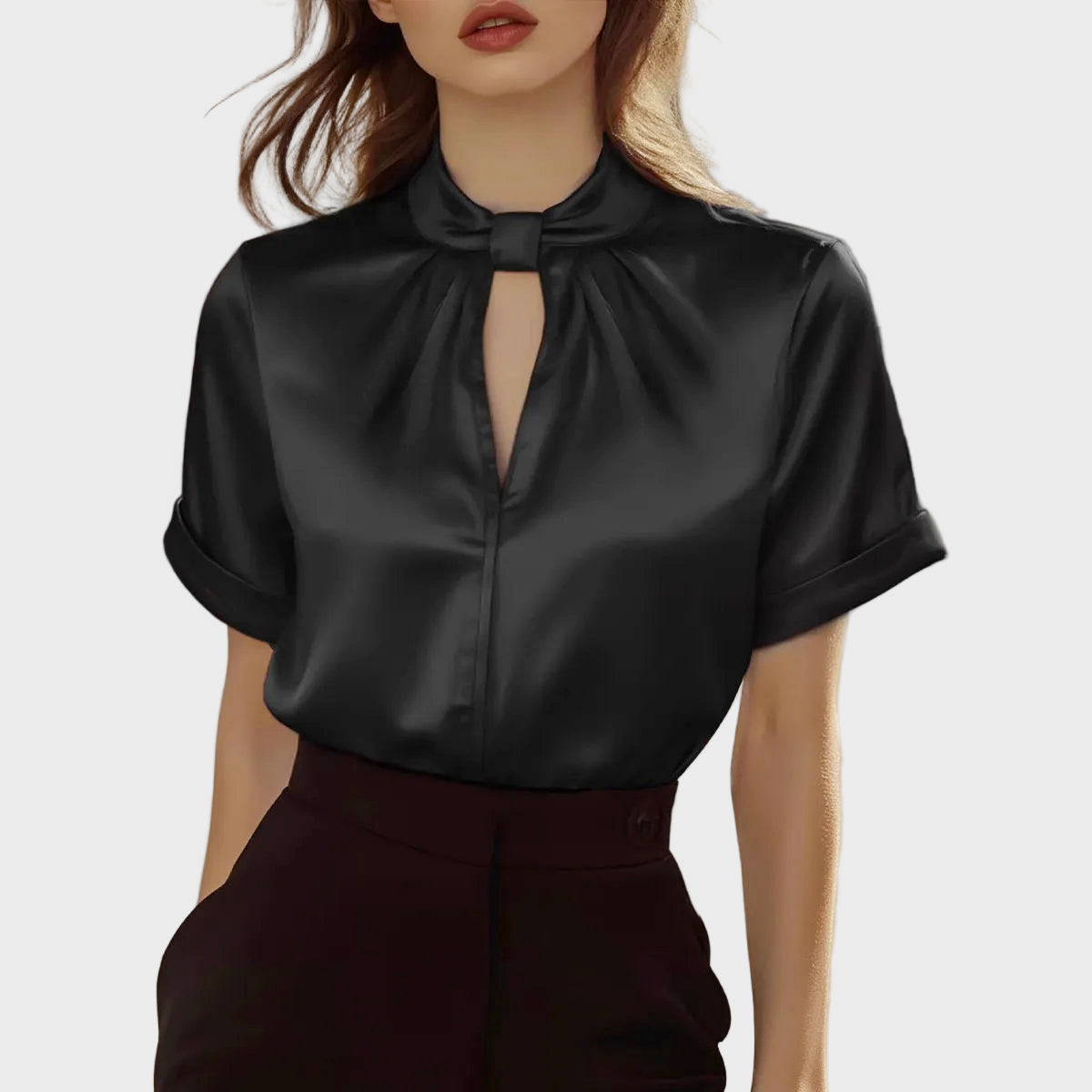 Lia - Women's Satin Keyhole Short Sleeve Blouse