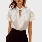 Lia - Women's Satin Keyhole Short Sleeve Blouse