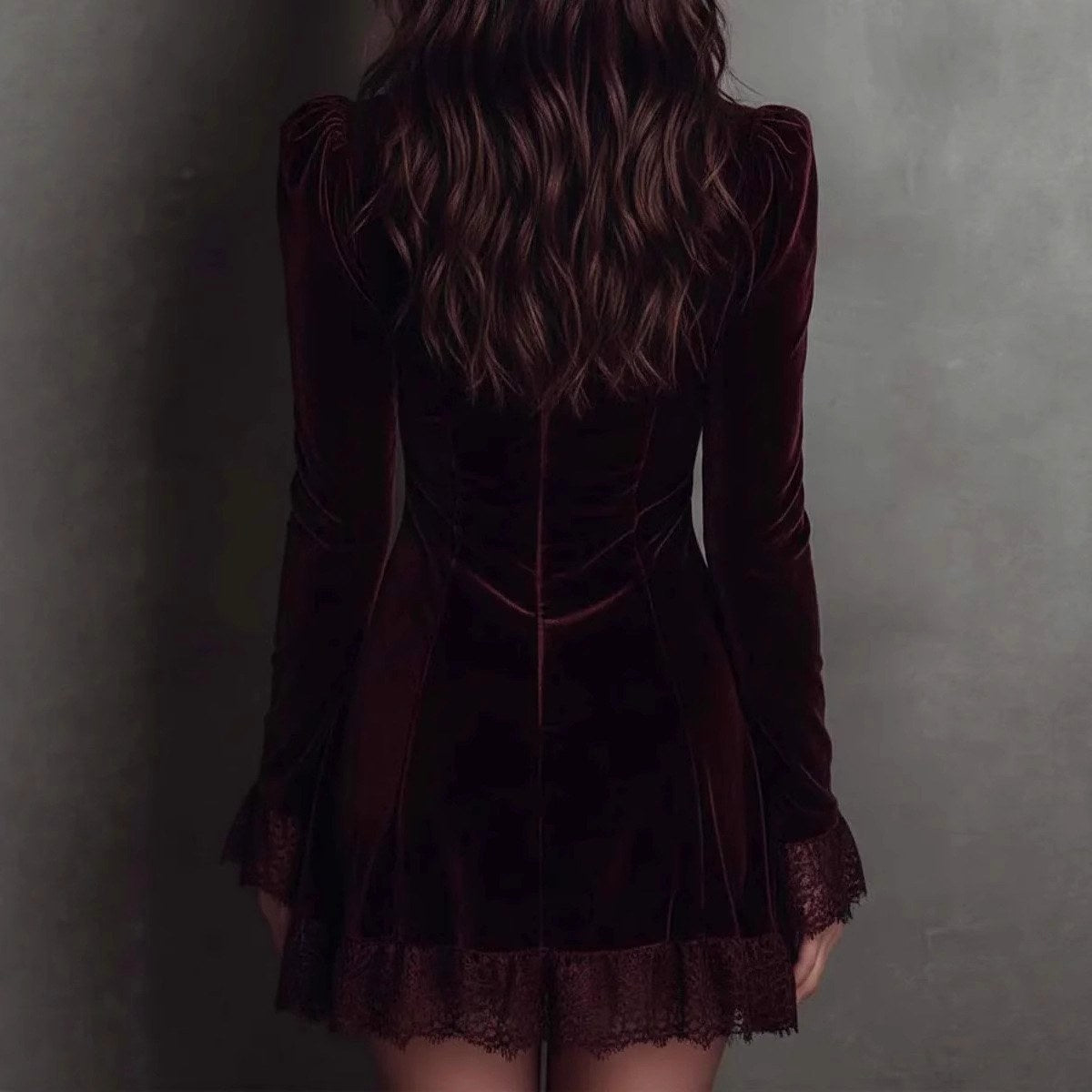 Liesel - Women's Velvet Lace Trim V-Neck Mini Dress