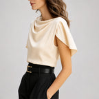 Lillian - Women's Cap Sleeve Tailored Silk-Like Blouse