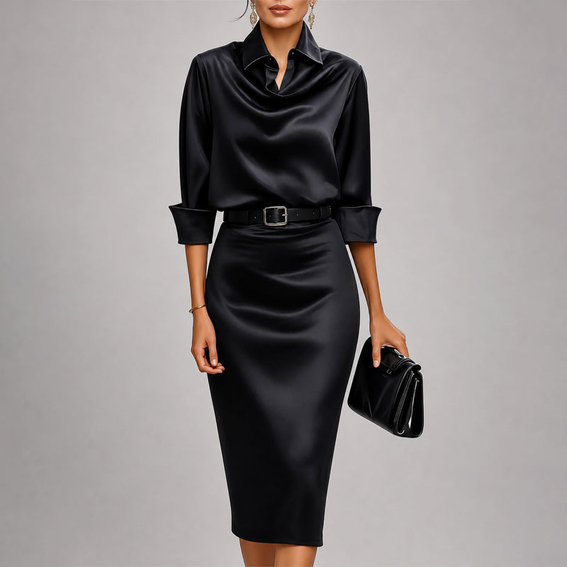 Lorelei - Women's Long-Sleeve Silky Cowl-Neck Dress