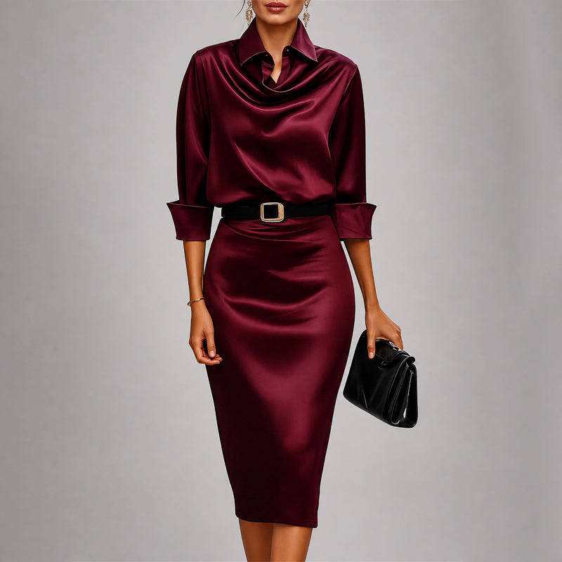 Lorelei - Women's Long-Sleeve Silky Cowl-Neck Dress