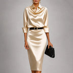 Lorelei - Women's Long-Sleeve Silky Cowl-Neck Dress