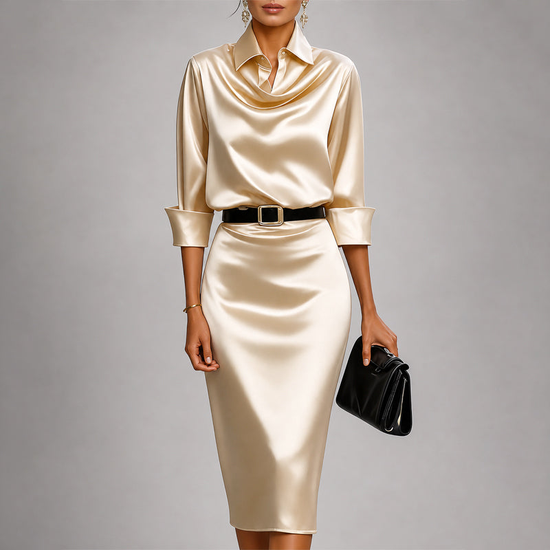 Lorelei - Women's Long-Sleeve Silky Cowl-Neck Dress