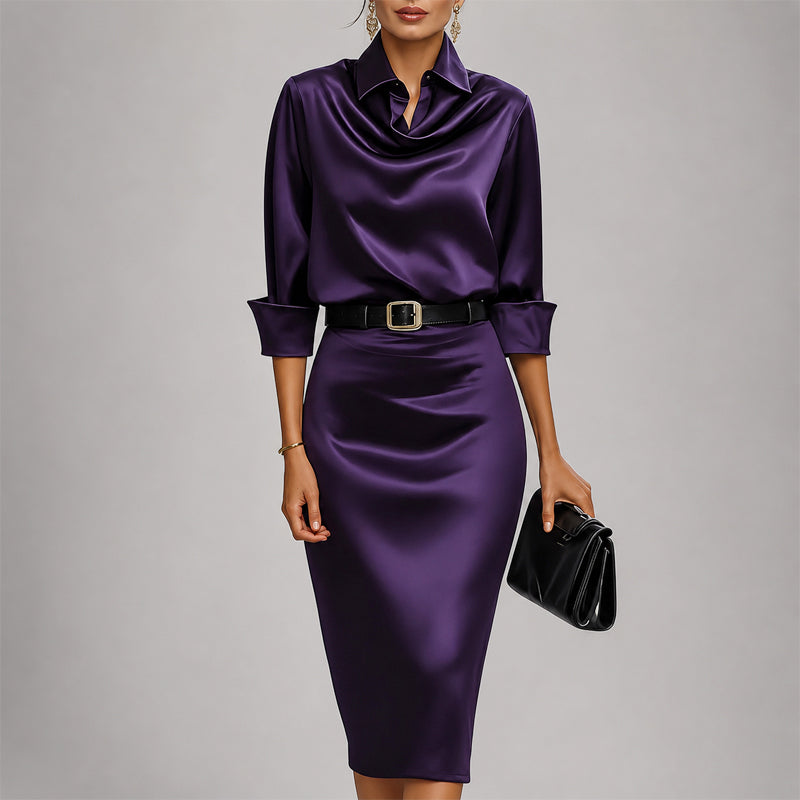 Lorelei - Women's Long-Sleeve Silky Cowl-Neck Dress
