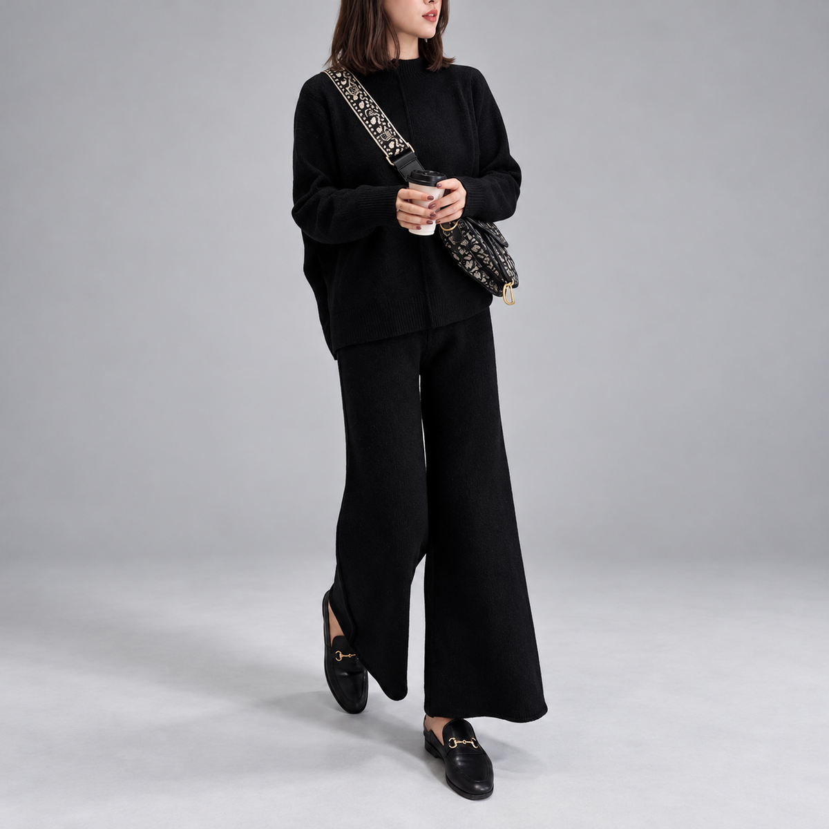 Lottie - Women's Mock Neck Sweater and Wide Leg Pants Knit Set