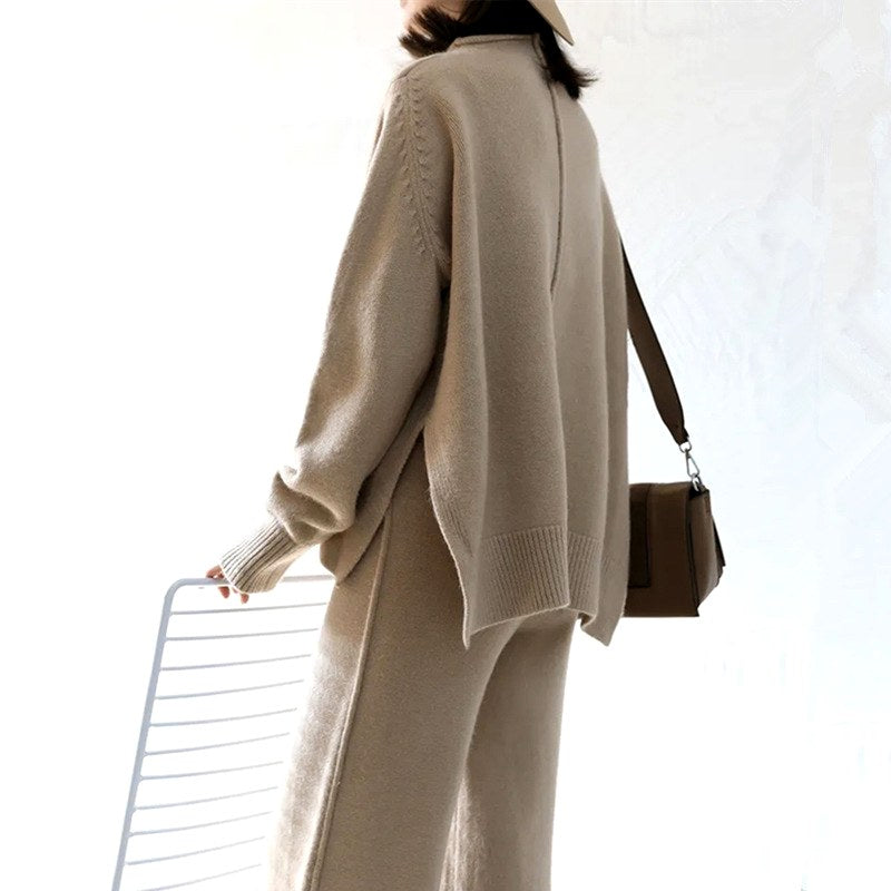 Lottie - Women's Mock Neck Sweater and Wide Leg Pants Knit Set