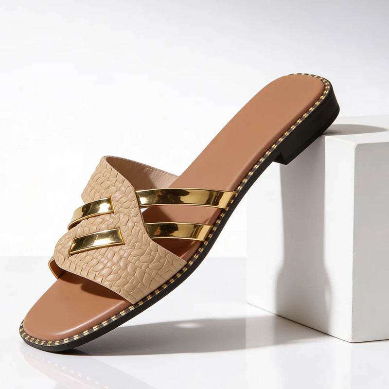 Luciana - Women's Gold Bar Textured Slide Sandals