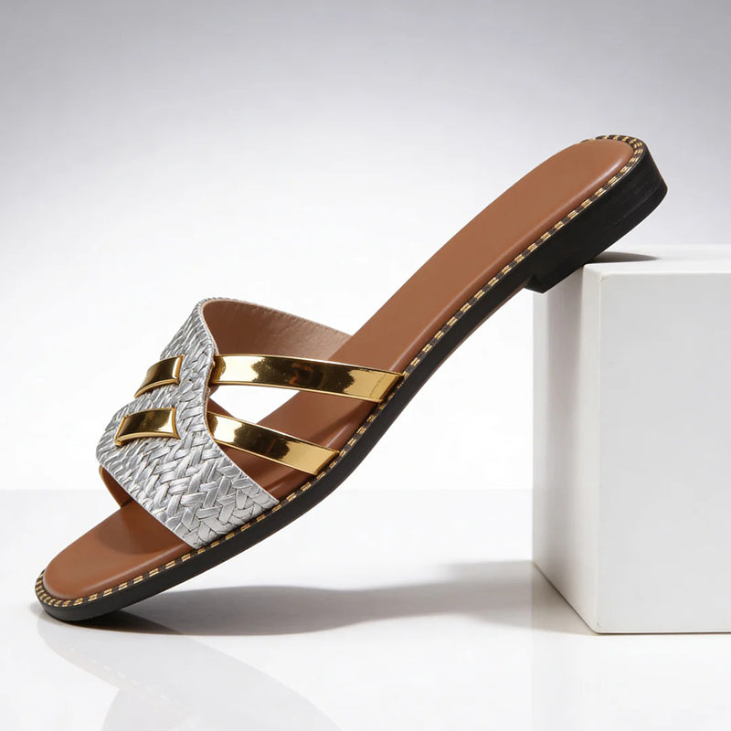 Luciana - Women's Gold Bar Textured Slide Sandals