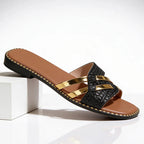 Luciana - Women's Gold Bar Textured Slide Sandals
