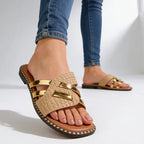 Luciana - Women's Gold Bar Textured Slide Sandals