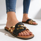 Luciana - Women's Gold Bar Textured Slide Sandals