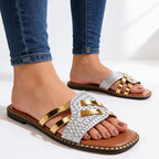 Luciana - Women's Gold Bar Textured Slide Sandals