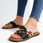 Luciana - Women's Gold Bar Textured Slide Sandals