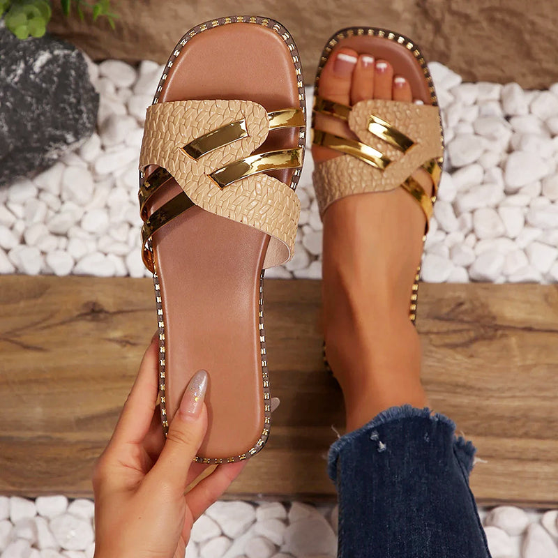 Luciana - Women's Gold Bar Textured Slide Sandals