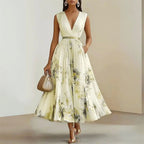 Madeline - Women's Pleated V-Neck Floral Midi Dress