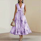 Madeline - Women's Pleated V-Neck Floral Midi Dress