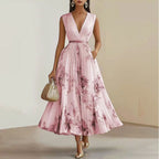 Madeline - Women's Pleated V-Neck Floral Midi Dress