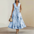 Madeline - Women's Pleated V-Neck Floral Midi Dress