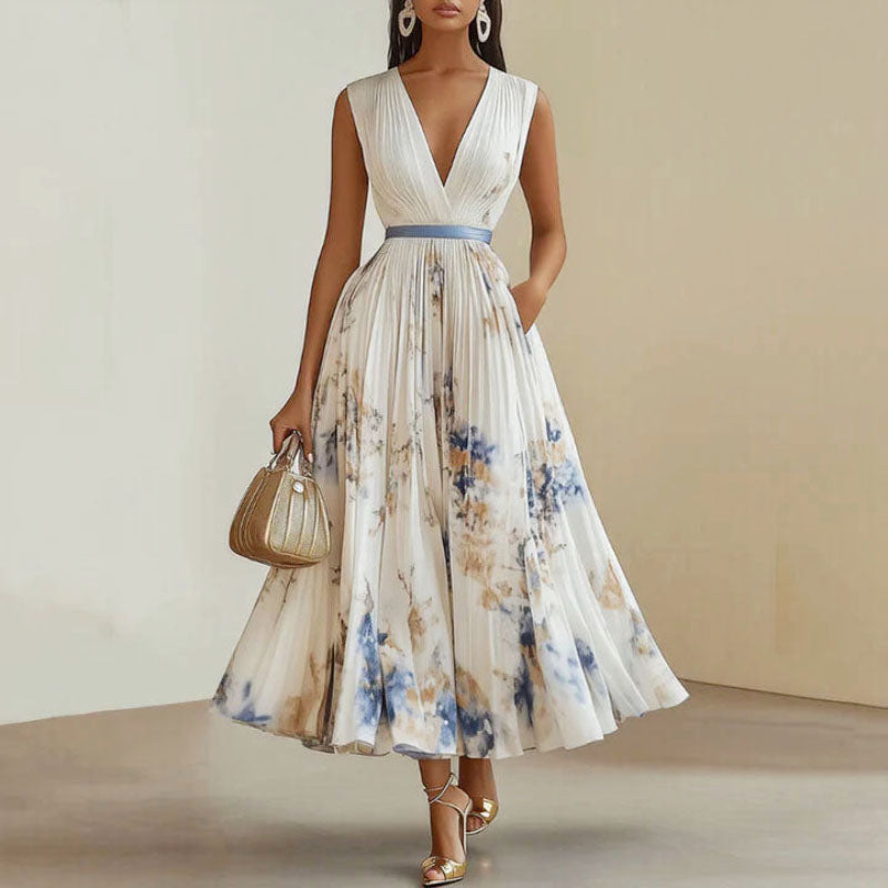 Madeline - Women's Pleated V-Neck Floral Midi Dress