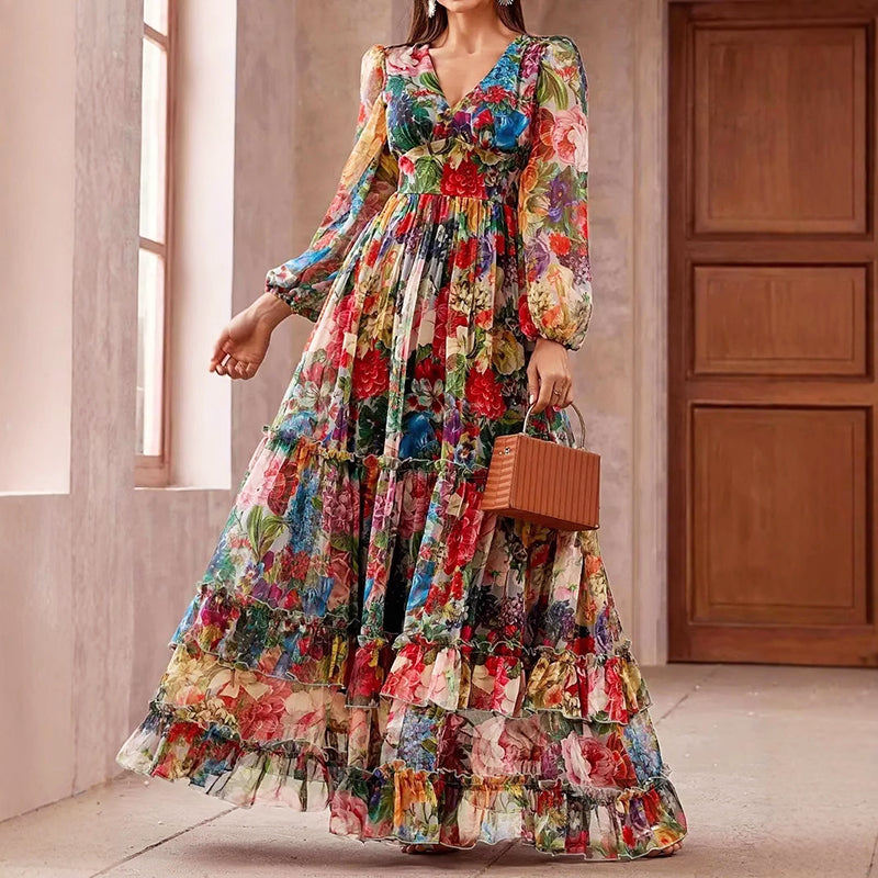 Madelynn - Women's Floral Sheer Sleeve Tiered Maxi Dress