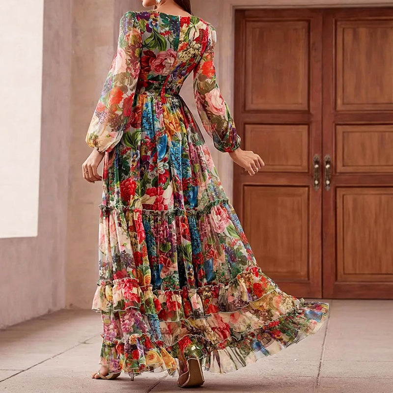 Madelynn - Women's Floral Sheer Sleeve Tiered Maxi Dress