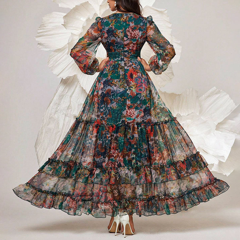 Madelynn - Women's Floral Sheer Sleeve Tiered Maxi Dress