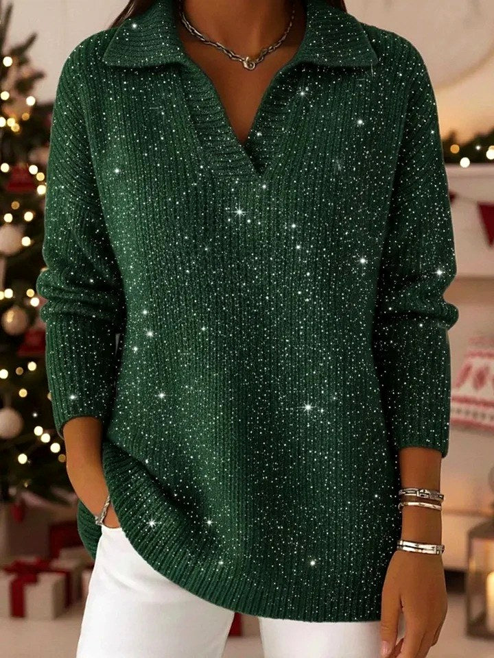 Madison - Women's Christmas Shimmer Ribbed Collared Sweater 4
