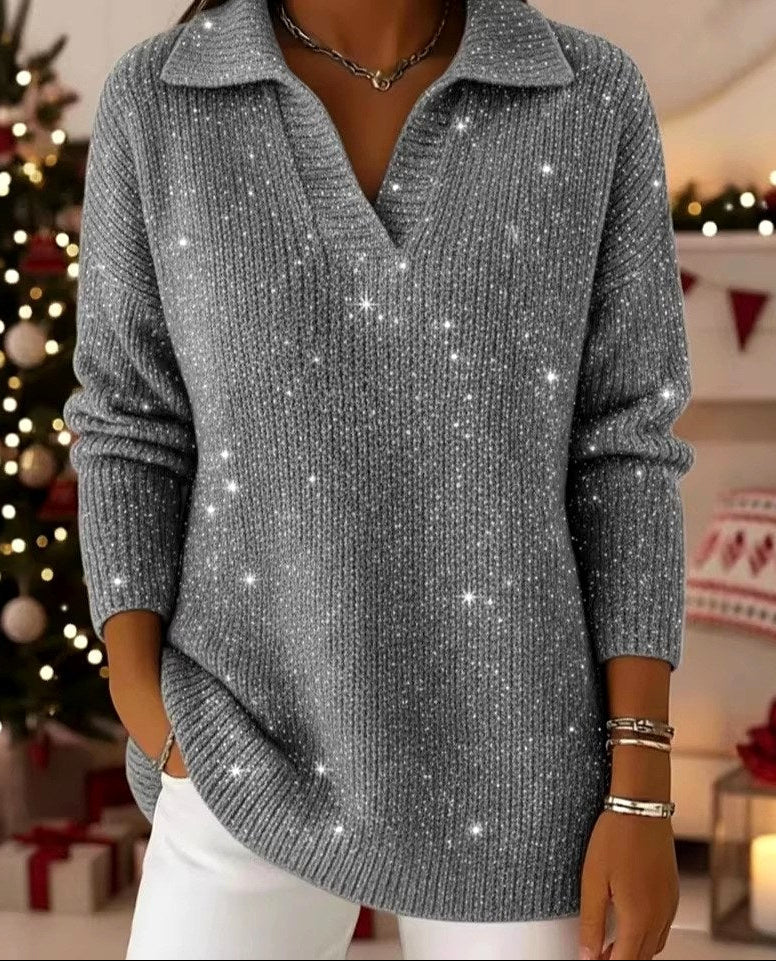 Madison - Women's Christmas Shimmer Ribbed Collared Sweater 5