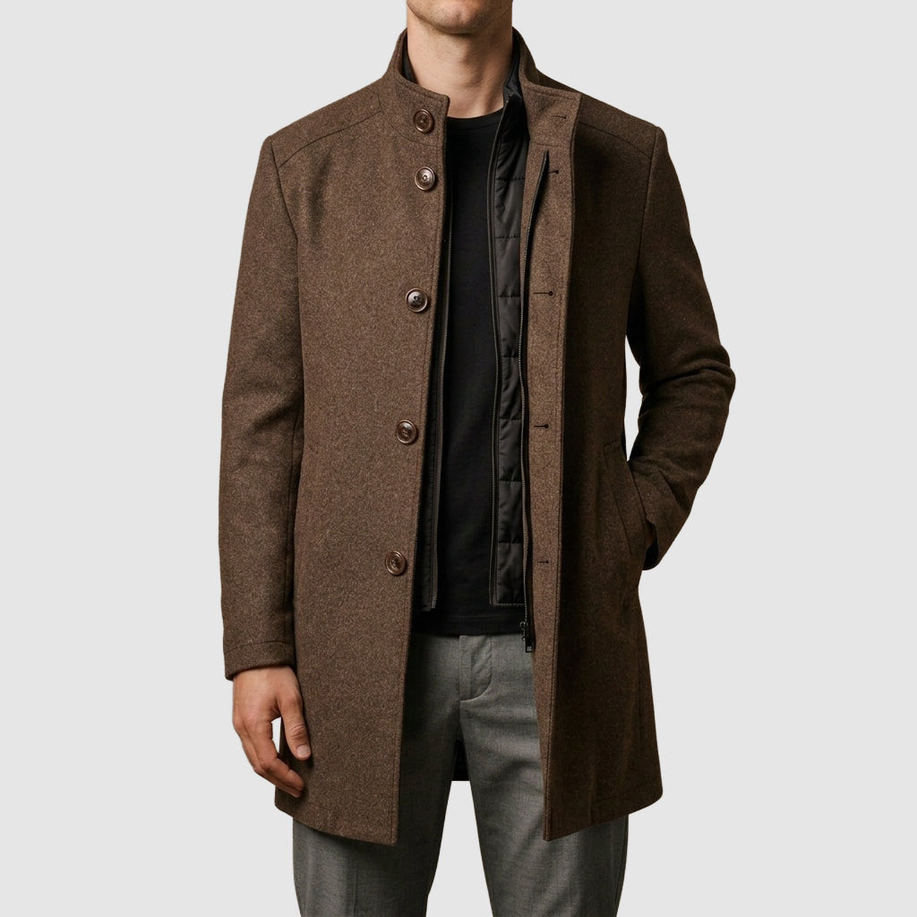 Malachi - Men's Button-Front Wool Overcoat with Structured Collar