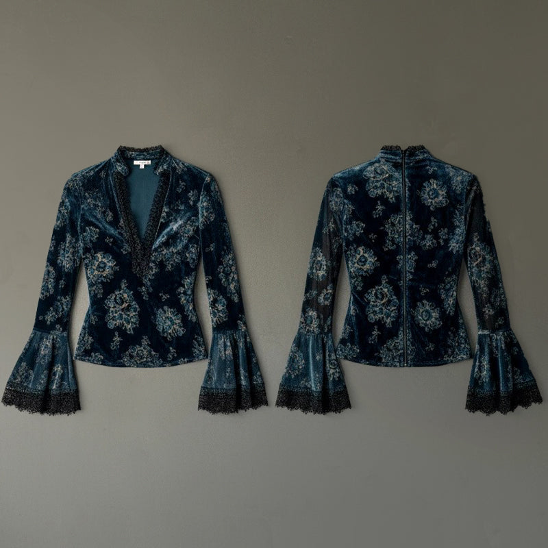 Malia - Women's Vintage Floral Velvet V-Neck Lace Blouse