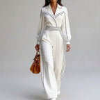 Megan - Women's Collared Wide Leg Jumpsuit with Contrast Trim