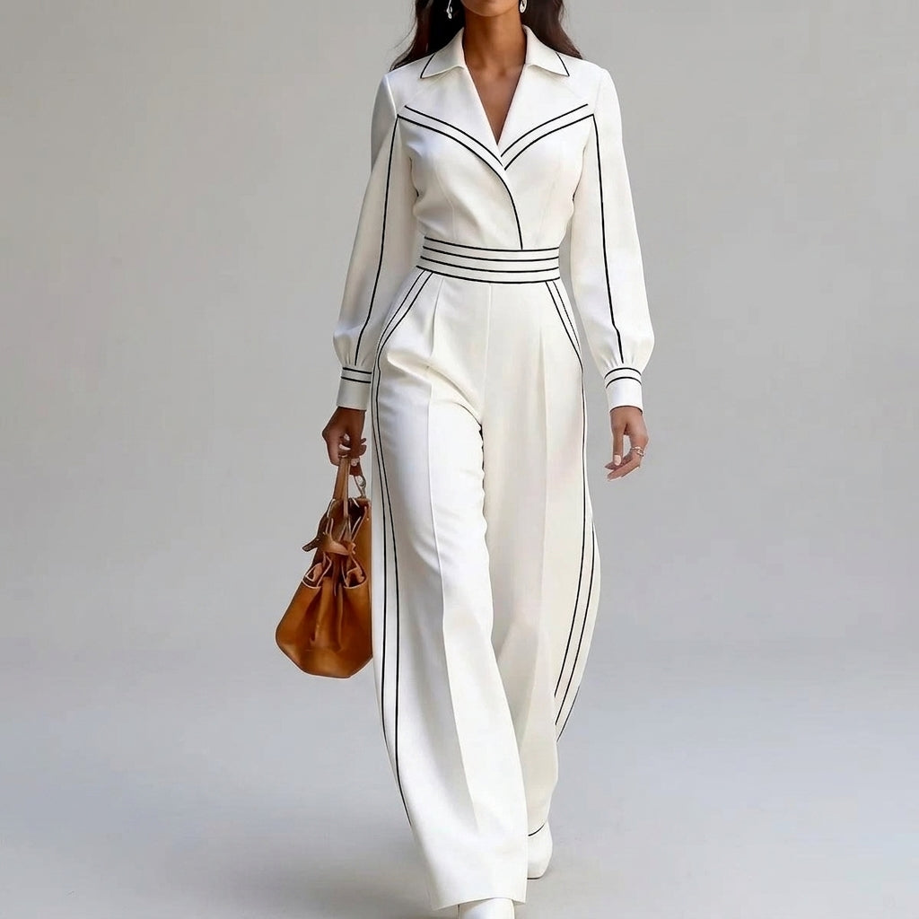 Megan - Women's Collared Wide Leg Jumpsuit with Contrast Trim