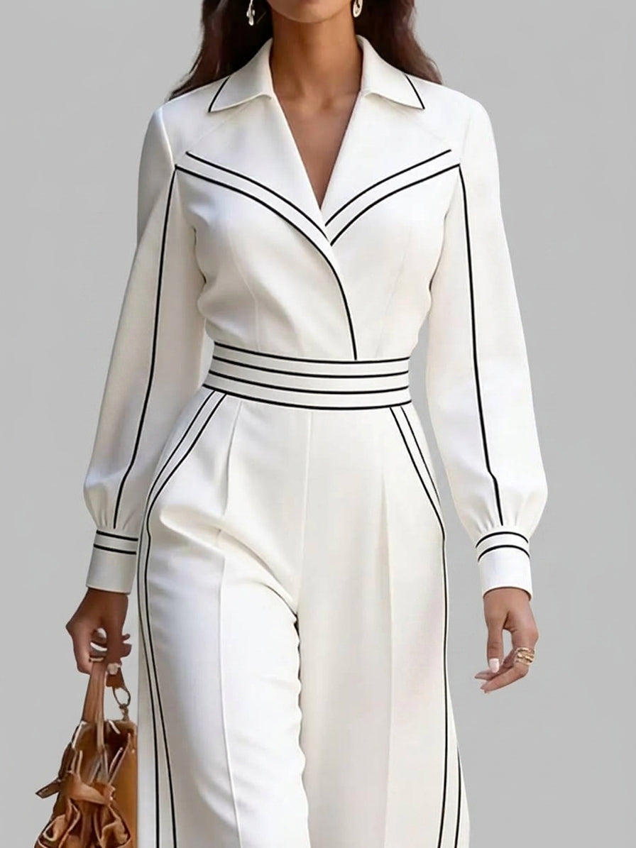 Megan - Women's Collared Wide Leg Jumpsuit with Contrast Trim