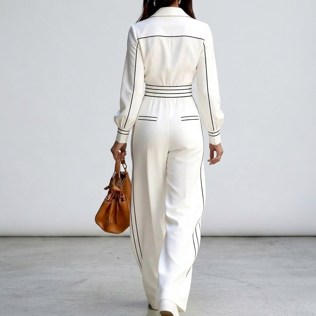 Megan - Women's Collared Wide Leg Jumpsuit with Contrast Trim