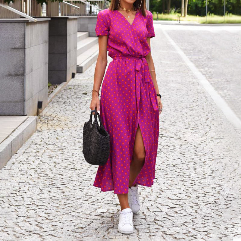 Megan - Women's V-Neck Printed Midi Dress with Waist Tie