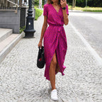 Megan - Women's V-Neck Printed Midi Dress with Waist Tie